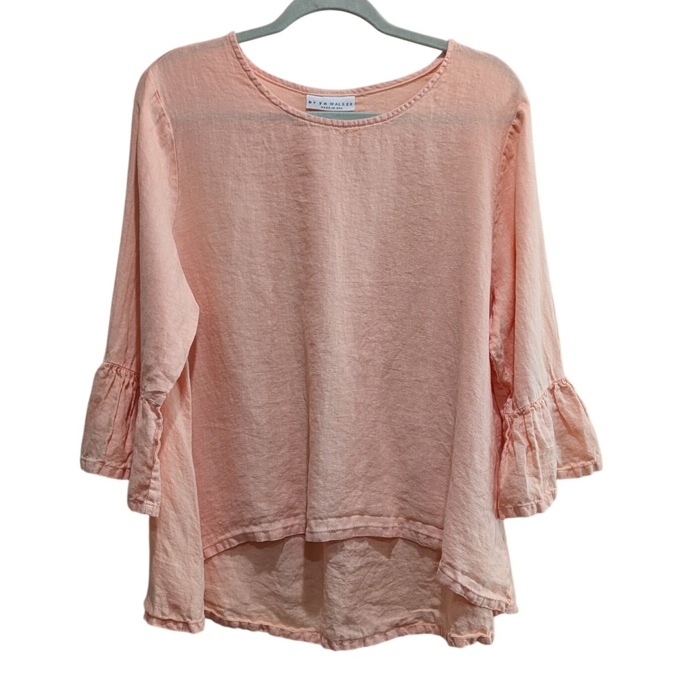 Bryn Walker Womens Linen Blouse Pink Bell Sleeve High Low Lagenlook Made USA